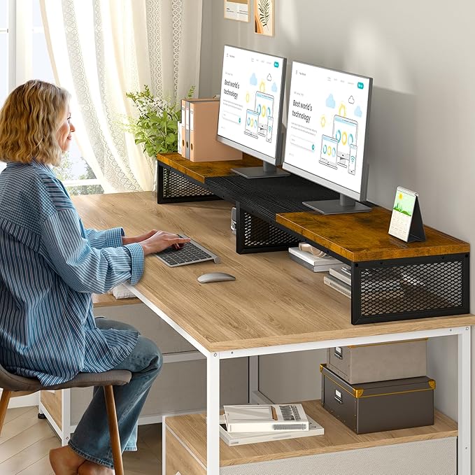 EnHomee 55.2" Computer Monitor Stand, Desk Shelf for Top of Desk for 3 * 23" Monitors/Laptop Computer/PC/Printers, TV Riser for 65 60 55 Inch TV for Bedroom Home Office, Rustic Brown