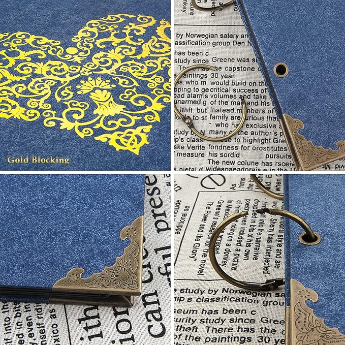 Photo Album DIY Scrapbook (10x10 inch 50 Pages Double Sided) Vintage Hardcover Three-Ring Binder Picture Booth Albums with 6 Colors 408pcs Self Adhesive Photos Corners for Memory Keep (Blue)