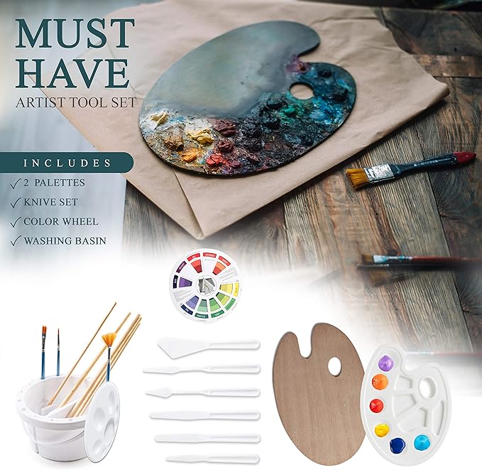 Large Deluxe Artist Painting Set, 141-Piece Professional Art Paint Supplies Kit w/Aluminum Field & Wood Table Easel for Adults, Acrylic, Oil, Watercolor Paints, Brushes, Canvases, Sketch Pads & More