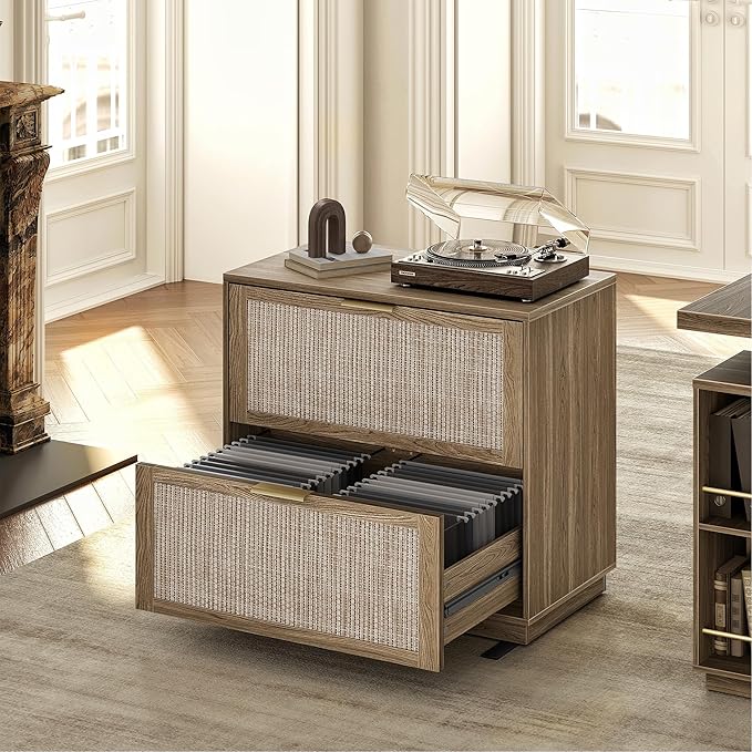 2 Drawer Rattan File Cabinet, 32'' Lateral File Cabinet for Legal/Letter/A4/F4 Size Hanging Files, Wood File Storage for Home Office, Natural Oak