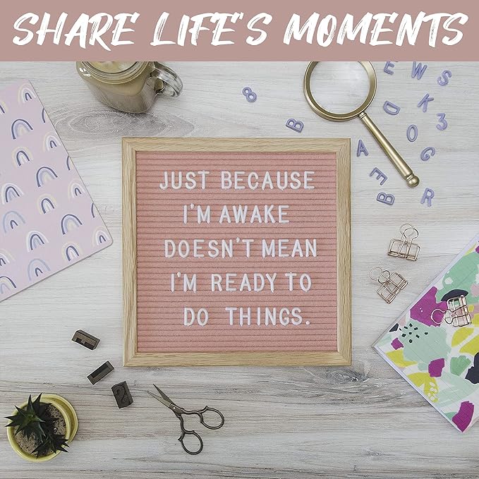 Felt Like Sharing Square Letter Board (Coral Felt - 10”x10”) – Changeable Message Board with 3 Sets of Felt Board Letters – Statement Wall Sign for Quotes, Home or Holiday Decor In Oak Frame