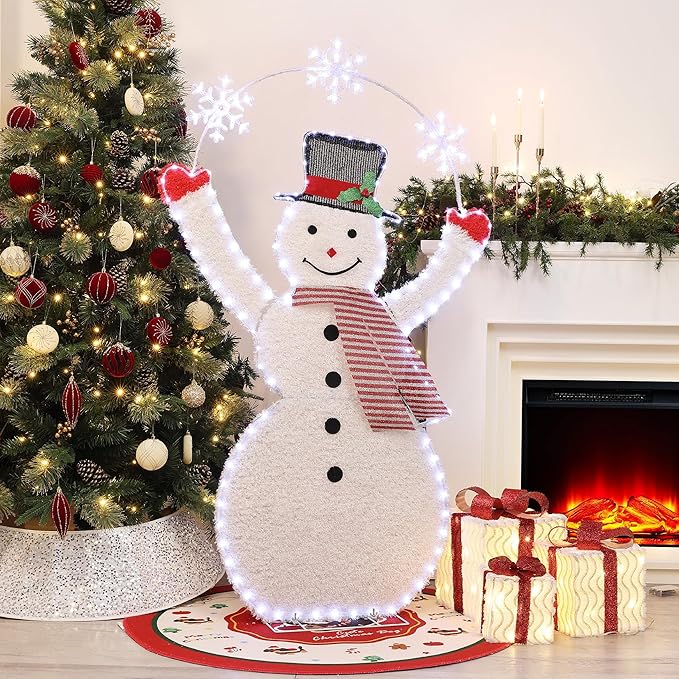 LuxenHome 5FT Lighted Snowman Outdoor Christmas Decorations, 2D Light Up Snowman Christmas Decor with 70 LED Light & Snowflake Arch, Xmas Decorations Outdoor, Indoor for Porch, Lawn Holiday Display