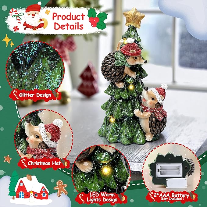 Christmas Hedgehog Statue with Lights for Christmas Decorations Indoor, Christmas Tree Hedgehog Figurine for Home Decor, Winter Xmas Holiday Decor for Table Shelf Mantle Fireplace,Xmas New Year Gifts