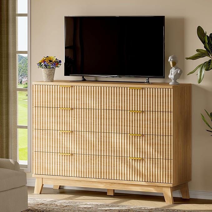Fluted Dresser with 8 Drawers, 54" Wide Modern Chest of Drawers with Metal Handle, Wooden Dresser TV Stand, Wood Closet Clothes Storage Organizer for Bedroom, Living Room, Hallway, Natural Oak