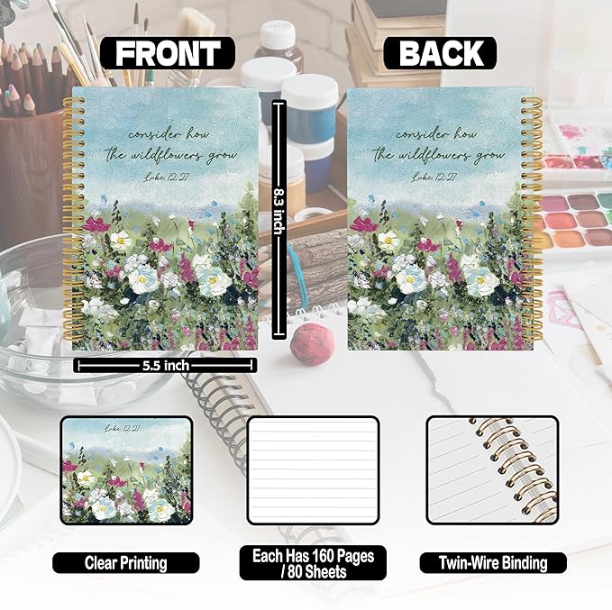 Wildflower Christian Spiral Notebook, Bible Journaling Notebooks for Women, Religious Scripture Hardcover Journals for Office School 160 Pages 5.5 x 8.3 Inch, Spring Flower Gifts for Women