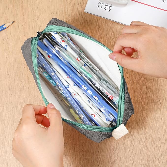 Pencil Bag Pen Case, Soft Corduroy Small Pencil Pouch Organizer with Zipper, Cute Pencil Case Pouch Stationery for Girls and Boys – Grey