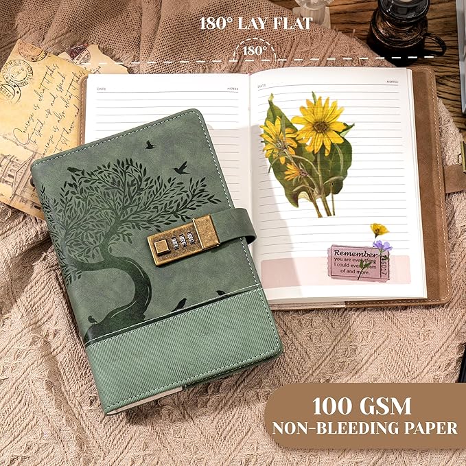 Vintage Diary with Lock for Women Girls 256 Pages Leather Journal with Lock A5 Password Locking Journals for Writing Note Taking Boys Men, 5.9x 8.3 in, Green