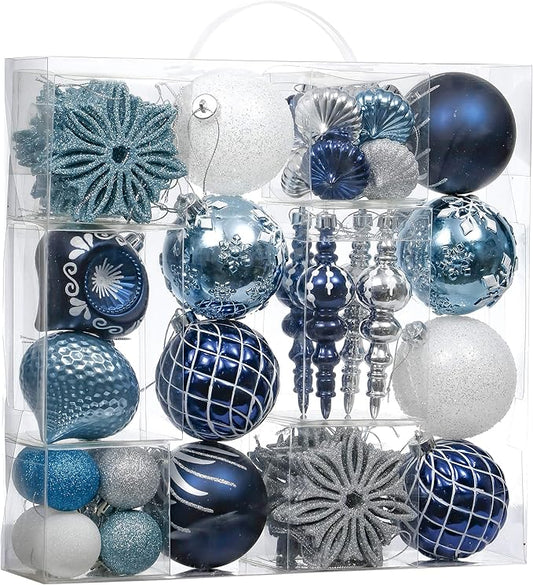 Valery Madelyn Christmas Ornaments Set, 70ct Navy Blue and Silver Shatterproof Christmas Tree Decorations Ball Ornaments Bulk, Winter Wonderland Hanging Ornaments for Xmas Trees Holiday Decor