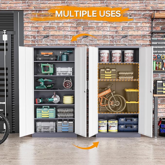 STANI Metal Garage Storage Cabinet with Lock, 71" Steel Lockable File Cabinet, Locking Steel Storage Shelf with 5 Adjustable Shelves for Home, Office, Warehouse, Garage, School (White+Grey)