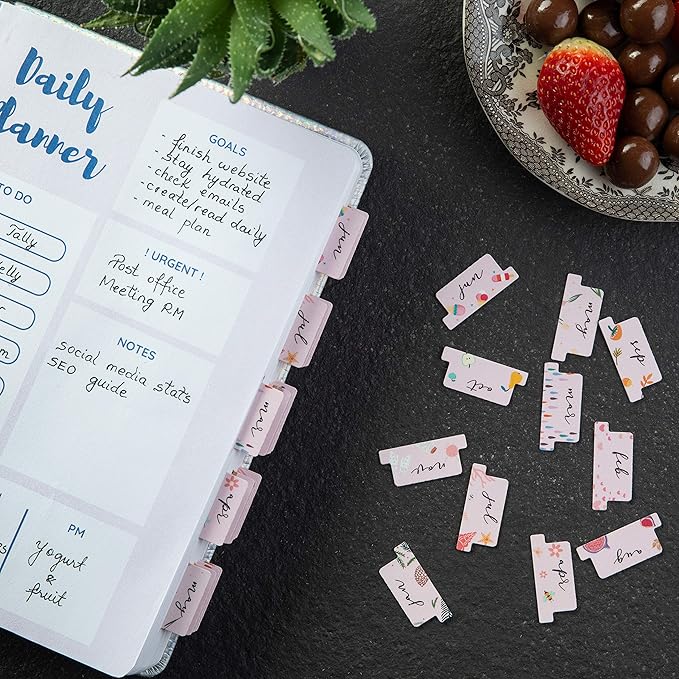 DiverseBee Laminated Planner - 24 Peel and Stick Tabs (12 Month, 12 Blank), Calendar Dividers (Rose)