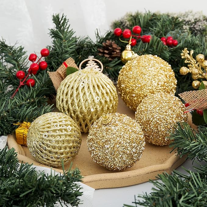 6pcs 3.94" Christmas Ball Ornaments Glitter Shatterproof Christmas Tree Ornaments Sequin Xmas Hanging Balls Decorations for Wedding Party Holiday(Gold, 6pc-10cm)