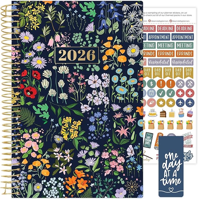 bloom daily planners 2026 Planner (January - December) Calendar Year Organizer - 5.5” x 8.25” - Weekly & Monthly Agenda Book with Stickers & Bookmark - Garden Party, Navy
