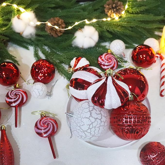 Christmas Tree Ornaments 36 pcs Multi-Size Candy Cane Shatterproof Ball Ornaments Set for Christmas Holiday Wreath & Party Decorations,Red