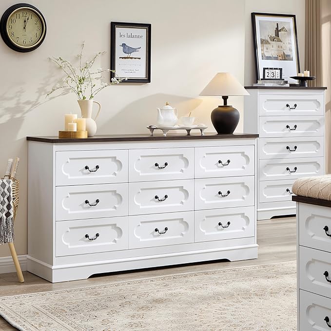 LIDYUK 9 Drawer Dresser for Bedroom Farmhouse WhiteTall Wood Chest of Drawers for Bedroom Dresser, Modern Rustic 59" Wide Drawers Dressers Wooden Closet and Storage Cabinet, Hallway, Living Room