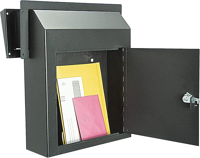 Pochar Rainproof Heavy Duty Mailbox Door Drop Box - Galvanized Steel Weatherproof Mailbox for Keys, Deposit, Payment, Mails - Through The Door Mail Drop Box (Black)