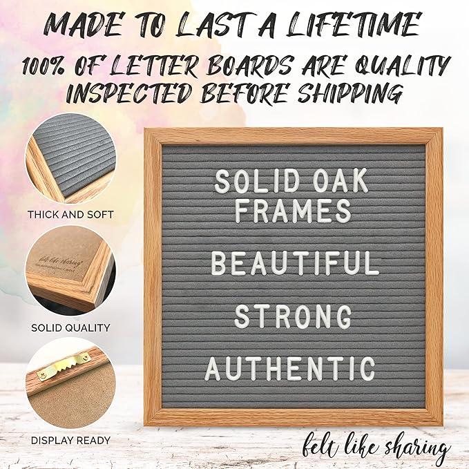 Felt Like Sharing Square Letter Board (Sunburst Felt - 10”x10”) – Changeable Message Board with 3 Sets of Felt Board Letters – Statement Wall Sign for Quotes, Home or Holiday Decor In Oak Frame