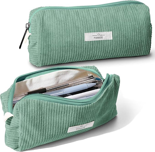 Pencil Bag Pen Case, Soft Corduroy Small Pencil Pouch Organizer with Zipper, Cute Pencil Case Pouch Stationery for Girls and Boys – Green