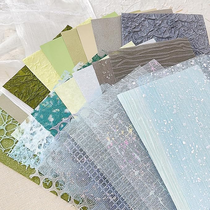 Aromoty 30 sheets A5 Unique Textured Scrapbook Paper&Mesh Fabric set - Handmade Craft Mulberry Special Paper Mix for Scrapbooking Junk Journaling Supplies Card DIY Materials Collage, 5.8x8.2 Inches