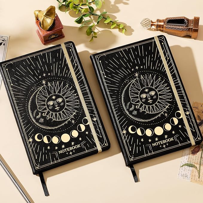 Artfan Ruled Notebook/Journal – Premium Thick Paper Faux Leather Classic Writing Notebook with Pocket + Page Dividers Gifts, Banded, Large, 144 Pages, Hard Cover, Lined (5.8 x 8.4) - Sun and Moon