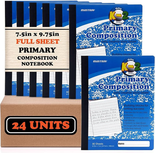 Mintra Primary Composition Notebook, 24 units 6-4 Pack, Blue Cover, 80 Sheets, 7.5in x 9.75in, Full Sheet, Ruled with Drawing Area, Flexible Hardcover Journal, Grades K-2, School & Home Use