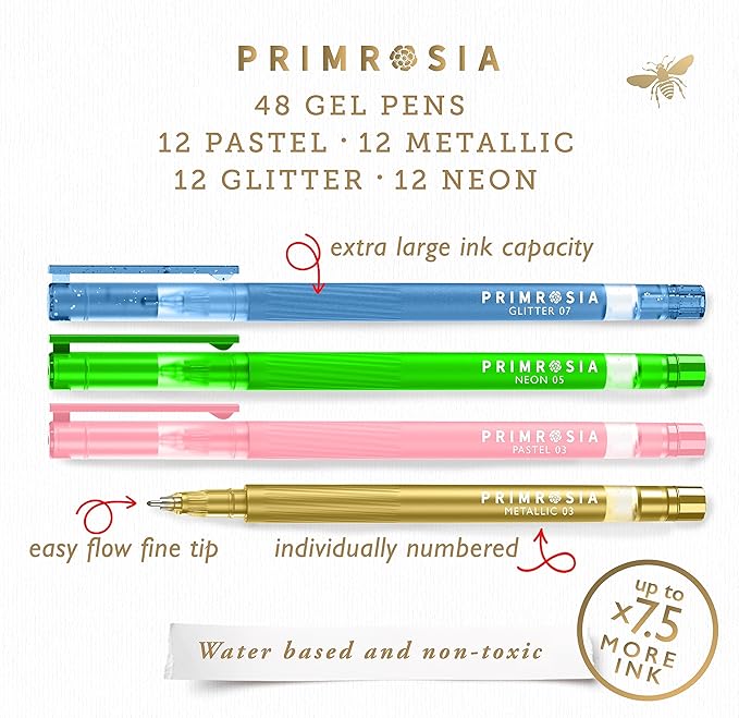Primrosia 48 Glitter Gel Pens, inc. Metallic, Pastel & Flourescent for Adult Coloring Book & Bullet Journal Pens. No-Bleed-Through in a Variety of Shades, 7.5x More Ink Fine Point Markers Set
