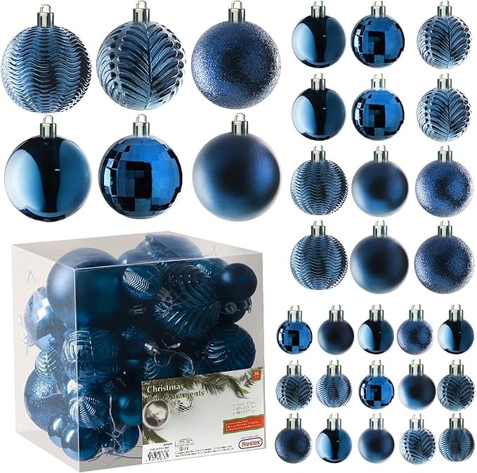 PREXTEX 36 Piece Blue Christmas Ornaments Set with Hanging Loops - Durable, Shatterproof Christmas Balls in 3 Sizes and 6 Styles - Midnight Blue Xmas Decorations for Trees, Wreaths, and Holiday Decor