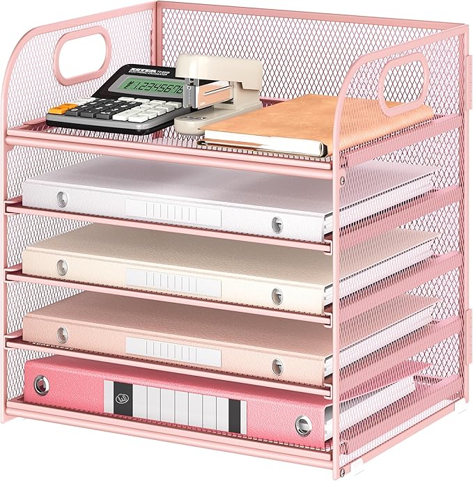 5 Tray Paper Organizer Letter Tray with Handle - Mesh Desk File Organizer, Paper Sorter Organizer for Office, Home or School File Folder Holder - Pink