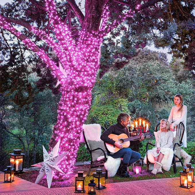 2 Pack Christmas Lights Outdoor, Total 200FT 600LED String Lights for Outside with 8 Modes Waterproof, Green Wire Twinkle Tree Lights for Indoor Room Patio Garden Party Decorations, Pink