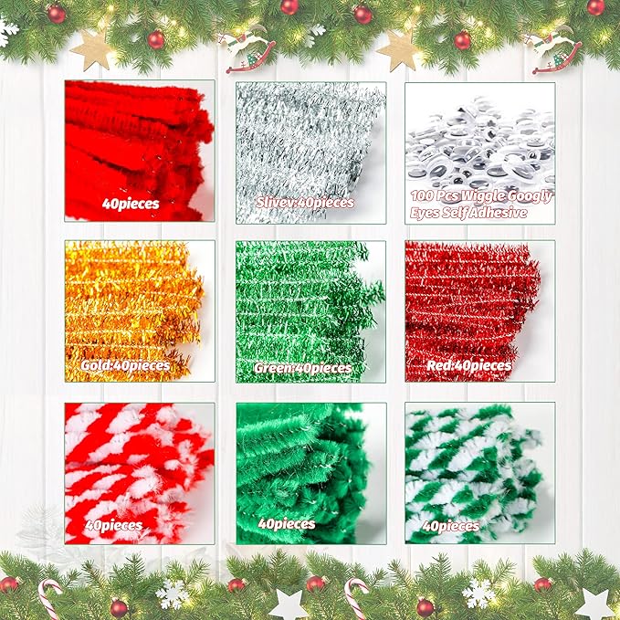 Christmas Pipe Cleaners,420 Pcs Pipe Cleaners Craft Set Including 320Pcs Pipe Cleaners &100Pcs Wiggle Googly Eyes Self Adhesive for Home&School DIY Art Crafts Daily or Christmas Decoration