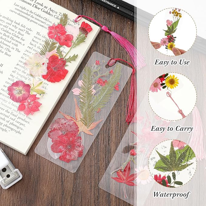 150 Pcs DIY Pressed Dried Flower Bookmark Making Kit, DIY Bookmark Bulk Thanksgiving Teacher Gifts for Reading Women Book Lovers(2 x 6 Inch,Red Color)