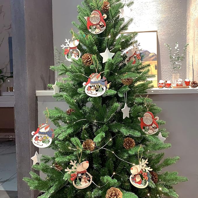 Christmas Ornaments Set 8-Pack, Retro Xmas Tree Hanging Ornaments, Wooden Santa Snowman Xmas Reideer Ornaments for Tree Holiday Decorations, Outdoor Holiday Home Decorations