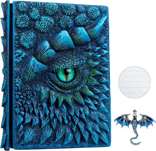 3D Dragon Eye Embossed Journal,Resin Engraving Notebook,Dnd notebook for Dragon Lovers ，Blank Paper,Hardcover Travel Notepad for Writing,Sketchbook,Collection,Gift,Decoration A4 and A5 Size (A5-Blue-Lined-Brooch)