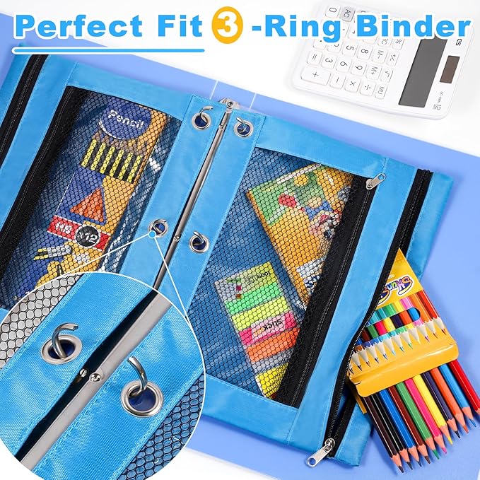 12PCS Pencil Pouches for 3 Ring Binder, 10"x7.5" Zippered Binder Pouch, Double Layer Clear PVC & Mesh Pencil Bags, 12 Colors (2 Each) for School, Office, Travel & Home Organization