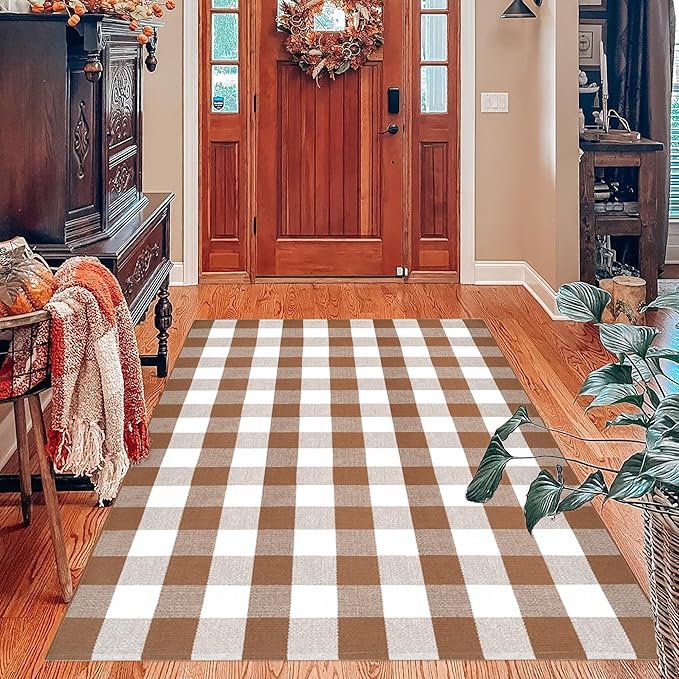 Buffalo Plaid Outdoor Rugs, 4'x6' Coffe and White Checkered Area Rug, Layering Rug for Hello/Welcome Door Mat, Washable Cotton Woven Farmhouse Mat for Front Porch Décor