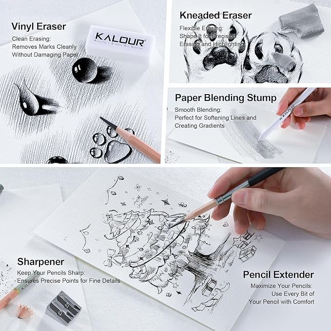 KALOUR 25-Piece Professional Sketch Pencil Set with Matte and Regular Pencils - Includes Vinyl Eraser, Kneaded Eraser, Sharpener, Pencil Extender and Blending Stump - Ideal for Artists and Beginners