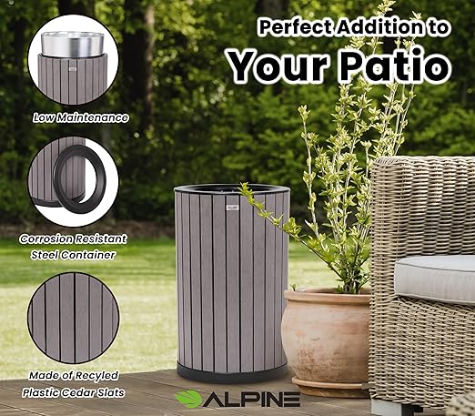 Alpine 32 Gallon Commercial Outdoor Trash Can - Heavy Duty Garbage Can Outdoor, Industrial Open Top Trash Can with Plastic Panels for Patio, Parks, Trails, Resorts (Flat Lid - Grey)