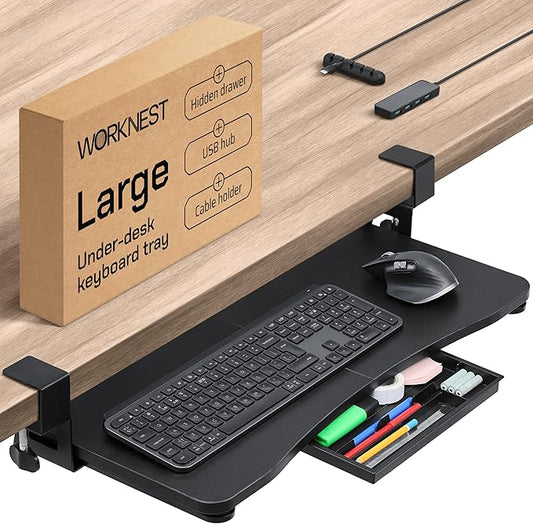 Keyboard Tray | Under Desk Keyboard Tray Slide Out w/Adjustable C-Clamps for Desks Up to 1.5-Inch-Thick | Clamp On Drawer with 1x USB-C to 4 USB-A Hub and 1x Five-Cable Management Organizer