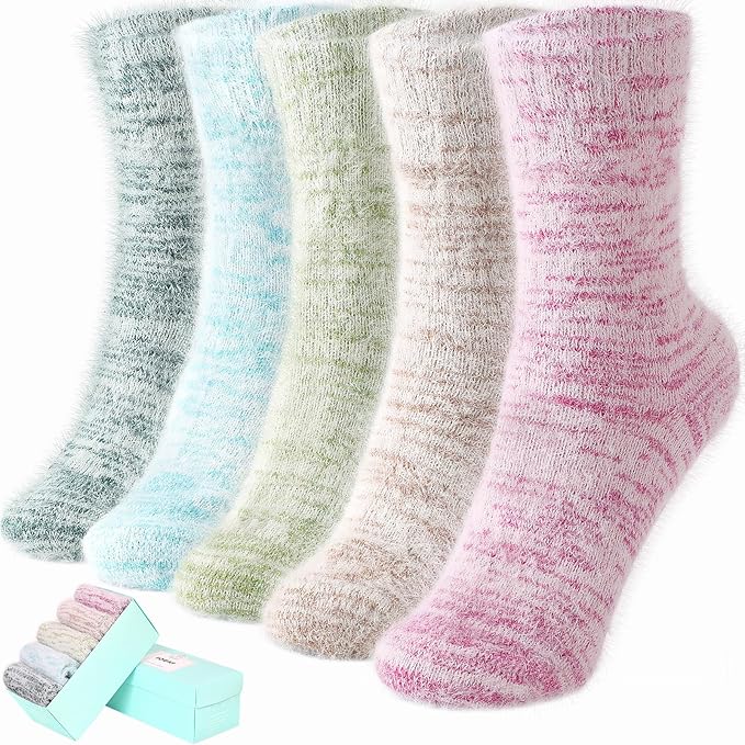 SISOSOCK 5 Pairs Fuzzy Soft Cozy Fluffy Socks for Women, Casual Warm Sleep Comfy Socks, Thick Winter Plush Gifts for Women