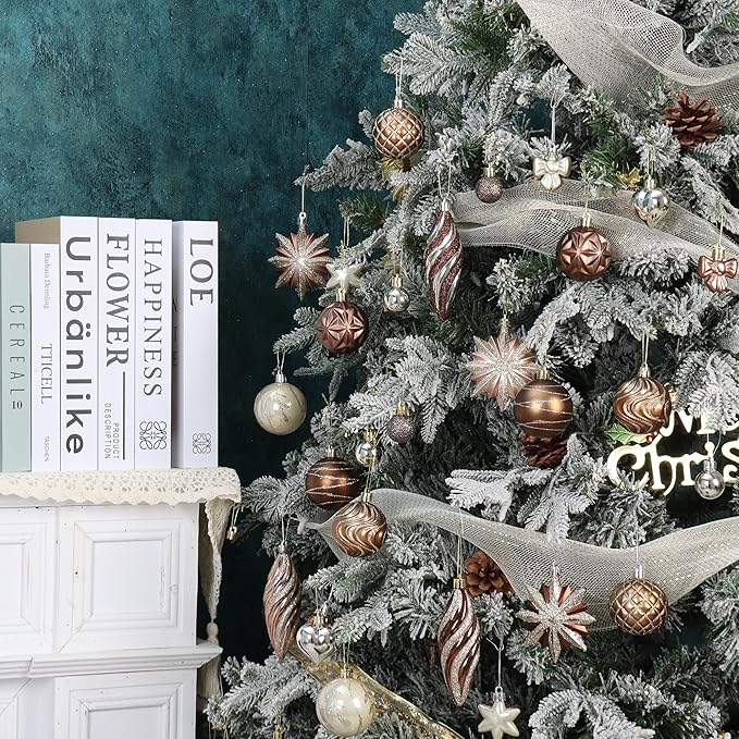 82Pcs Brown and Gold Christmas Ornaments Set, Shatterproof Medium Christmas Ball Ornaments, Christmas Decorations Hanging Ornaments for Xmas Trees, Holiday, Party Decor (Brown & Gold)