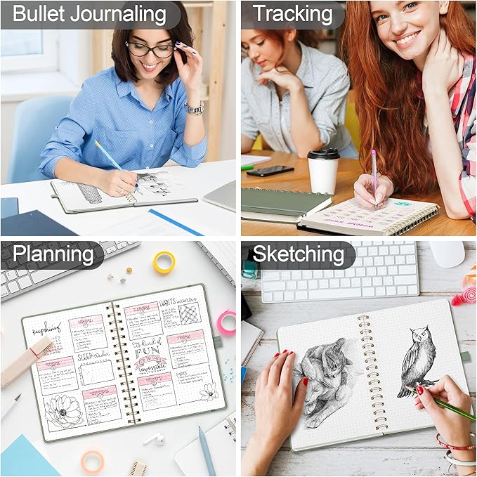 RETTACY Bullet Dotted Journal Notebook, 140 Pages, A5 Medium Size (5.7'' x 8.3''), Hardcover, 100 GSM Thick Paper, for Bullet Journaling, Planning, Tracking (Black)