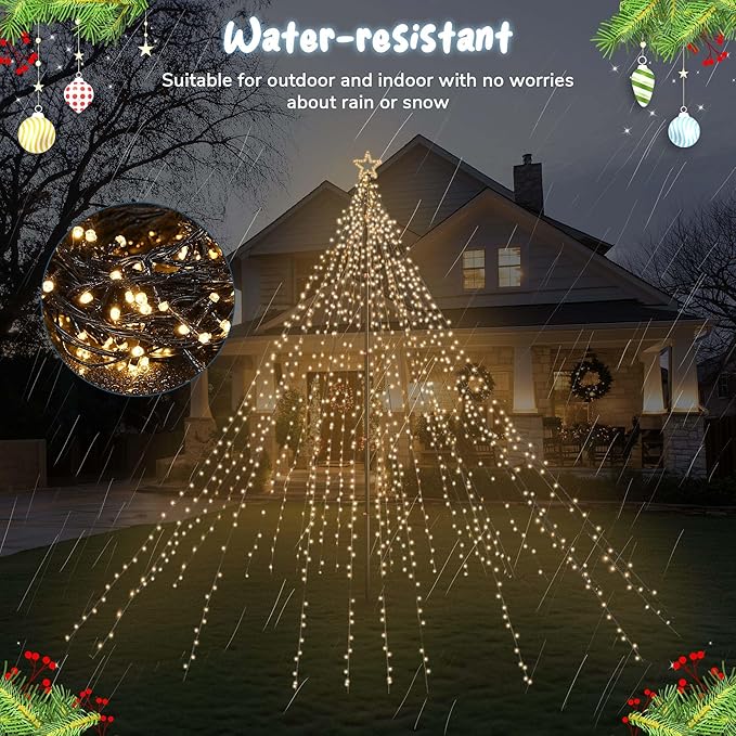 Yescom 4840 LED 20Ft Flag Pole Christmas Tree Light Kit 120V Giant-Sized Outdoor Decoration Event with Star Top 28 String Telescopic for Holiday Display Yard Commercial Carnival Lighting in Park