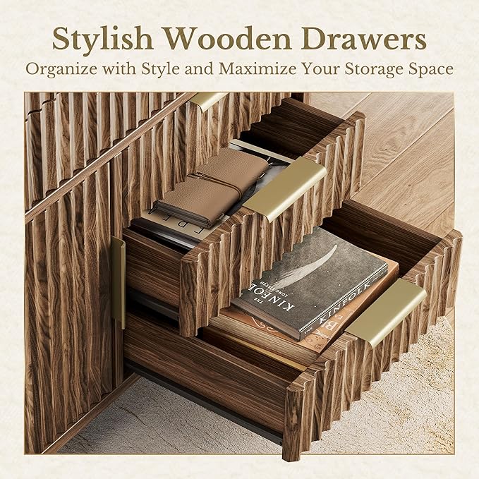 Fluted File Cabinet with 5 Drawers, Large Storage with Cabinet Door, Mobile Filing Cabinet with Locable Wheels for Home Office, Black Walnut