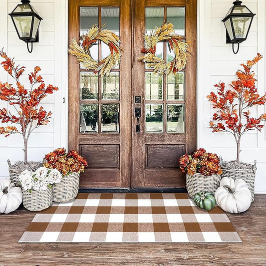 Buffalo Plaid Outdoor Rugs, 24'' x 51'' Coffe and White Checkered Area Rug, Layering Rug for Hello/Welcome Door Mat, Washable Cotton Woven Farmhouse Mat for Front Porch Décor
