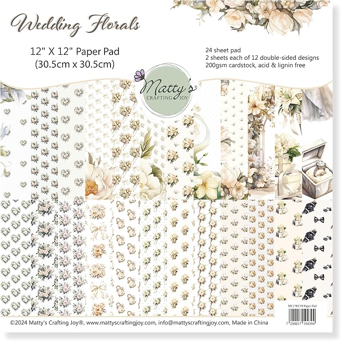 Matty's Crafting Joy Wedding Florals, Double Sided Scrapbook Paper 12x12, Patterned Cardstock 12x12, 24 Sheet Floral Scrapbook Paper Pad, Wedding Scrapbooking Supplies
