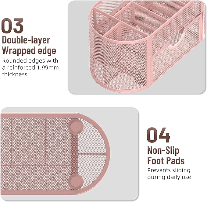 SUPEASY Mesh Desk Organizer, Desk Accessories & Workspace Organizers with Drawers, Pencil Holder for Desk with 9 Compartments for Office Suppliess, 8.6 x 4.3 x 4.1 Inch, Pink