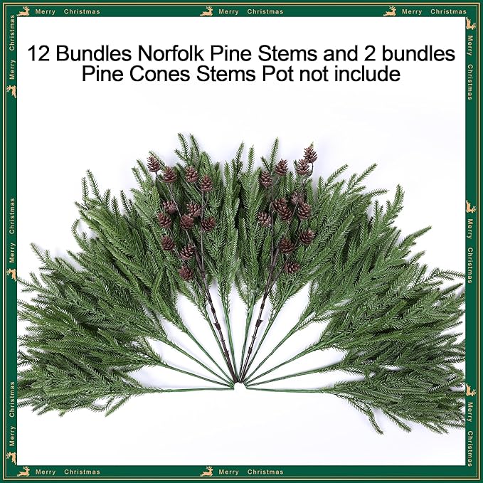 Artificial Christmas Norfolk Pine Stems Branches for Vases,12 Bundles Fake Pine Stems with 2 PCS Small Pinecones Branches Faux Evergreen Real Touch Greenery for Xmas Holiday Winter Table Indoor Decor