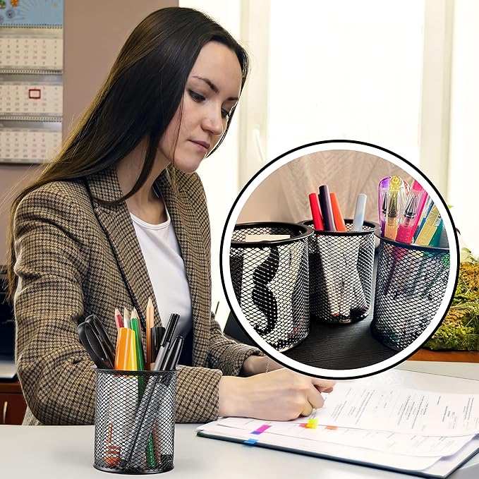 Mr. Pen- 3pcs Metal Mesh Pencil Cup Holder, Black Organizer for Desk, Pen Cups