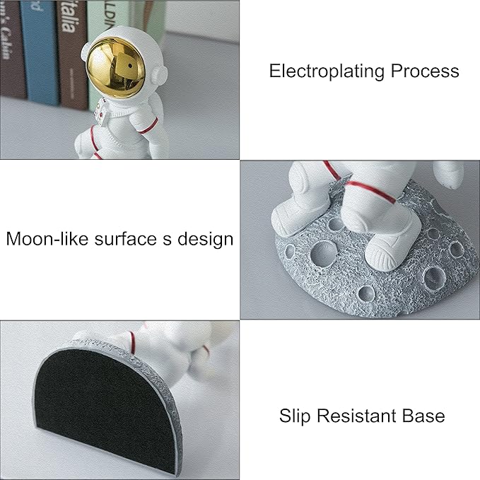 Space Theme Bookends for Shelves, Astronaut Moon Book Ends for Kids Room, Decorative Planet Book Stoppers to Hold Books Heavy Duty, Unique Boys and Girls Gift (Gray)