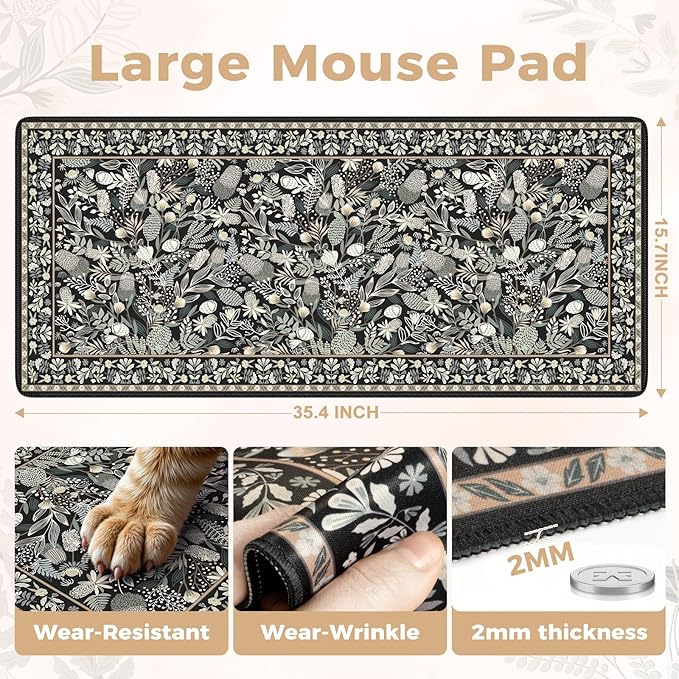 iCasso Black Desk Mat,Big Mouse Pad with Stitched Edges,Gaming Computer Pad for Desktop,Anti-Slip Keyboard Mat for Women Girl,Large Desk Cover Mat for Office Home School