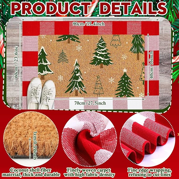 2 Pcs Christmas Coir Doormat Outdoor Rugs Christmas Tree Welcome Mats Layered Buffalo Plaid red and White Mat Plaid Mat for Xmas Front Porch Entryway Outdoor Decor